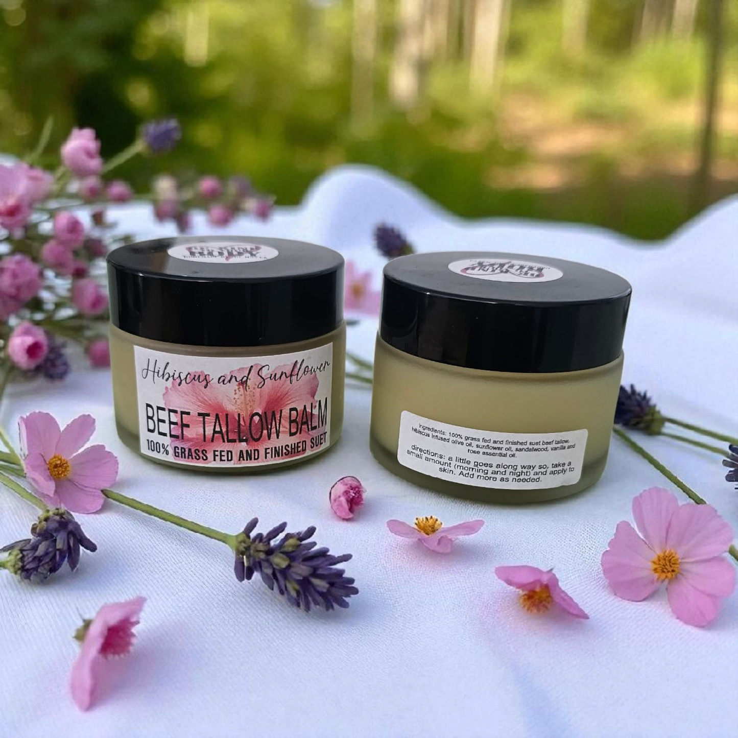 Hibiscus Sunflower Oil Suet Beef Tallow (2oz frosted glass jar)/Suif de Bœuf à l’Hibiscus et à l’Huile de Tournesol (pot en verre givré de 60 ml)