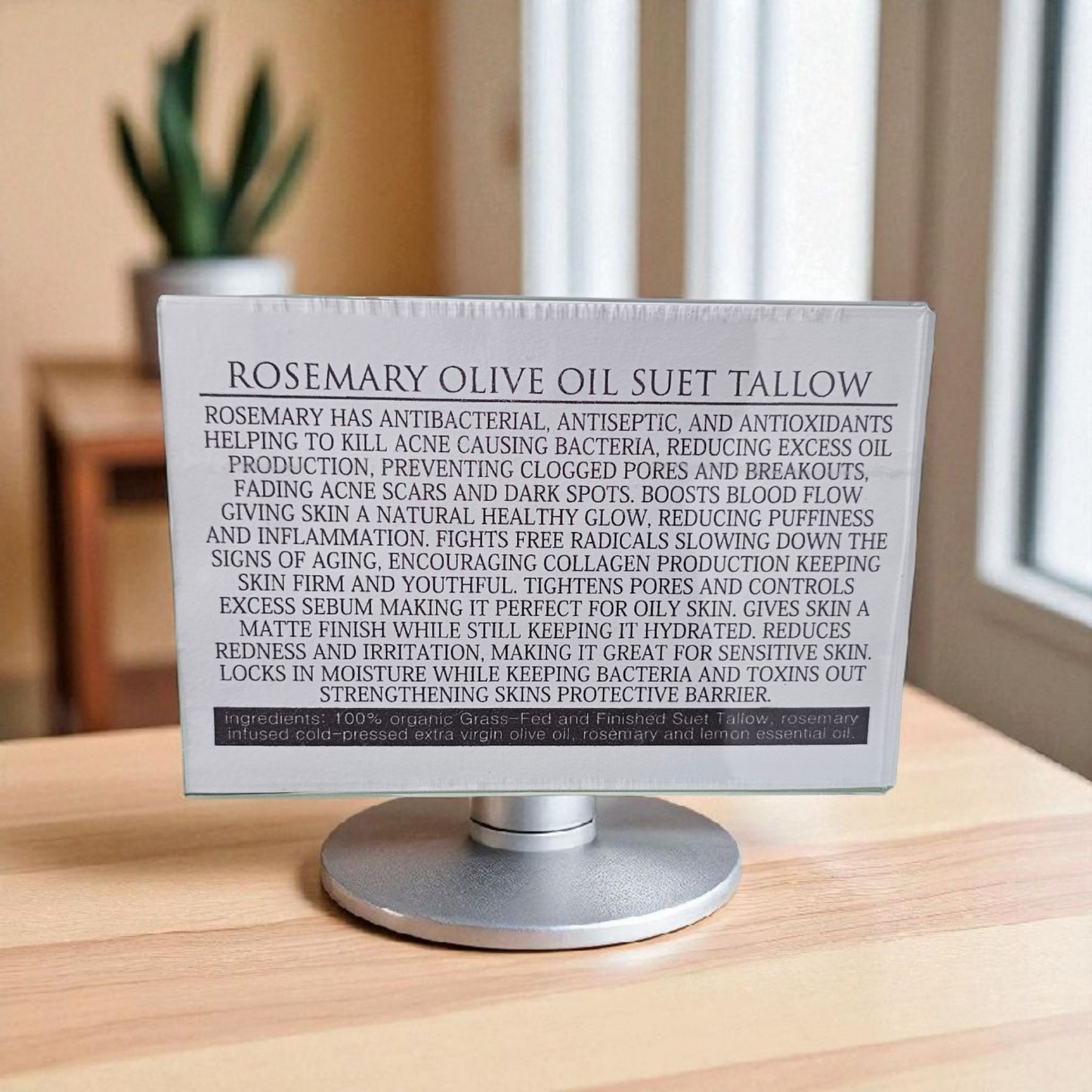 Rosemary Olive Oil Suet Tallow (2oz frosted glass jar)/Suif de Bœuf au Romarin et à l’Huile d’Olive (pot en verre givré de 60 ml)