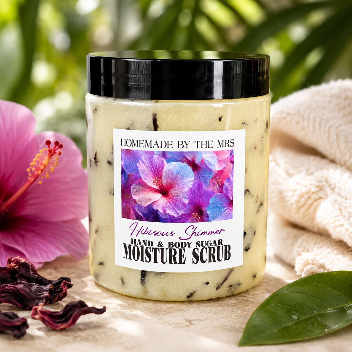 Moisture Sugar Scrub Hand and Body (Hibiscus Shimmer) 8oz clear jar