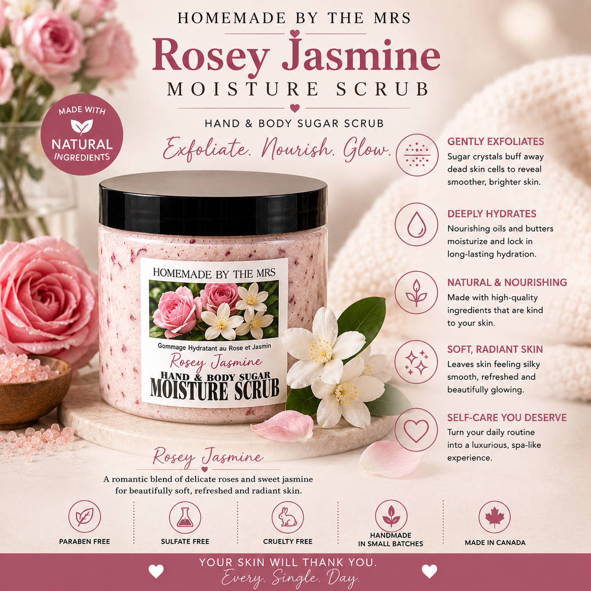 Moisture Sugar Scrub Hand and Body (Rosey Jasmine) 8oz clear jar