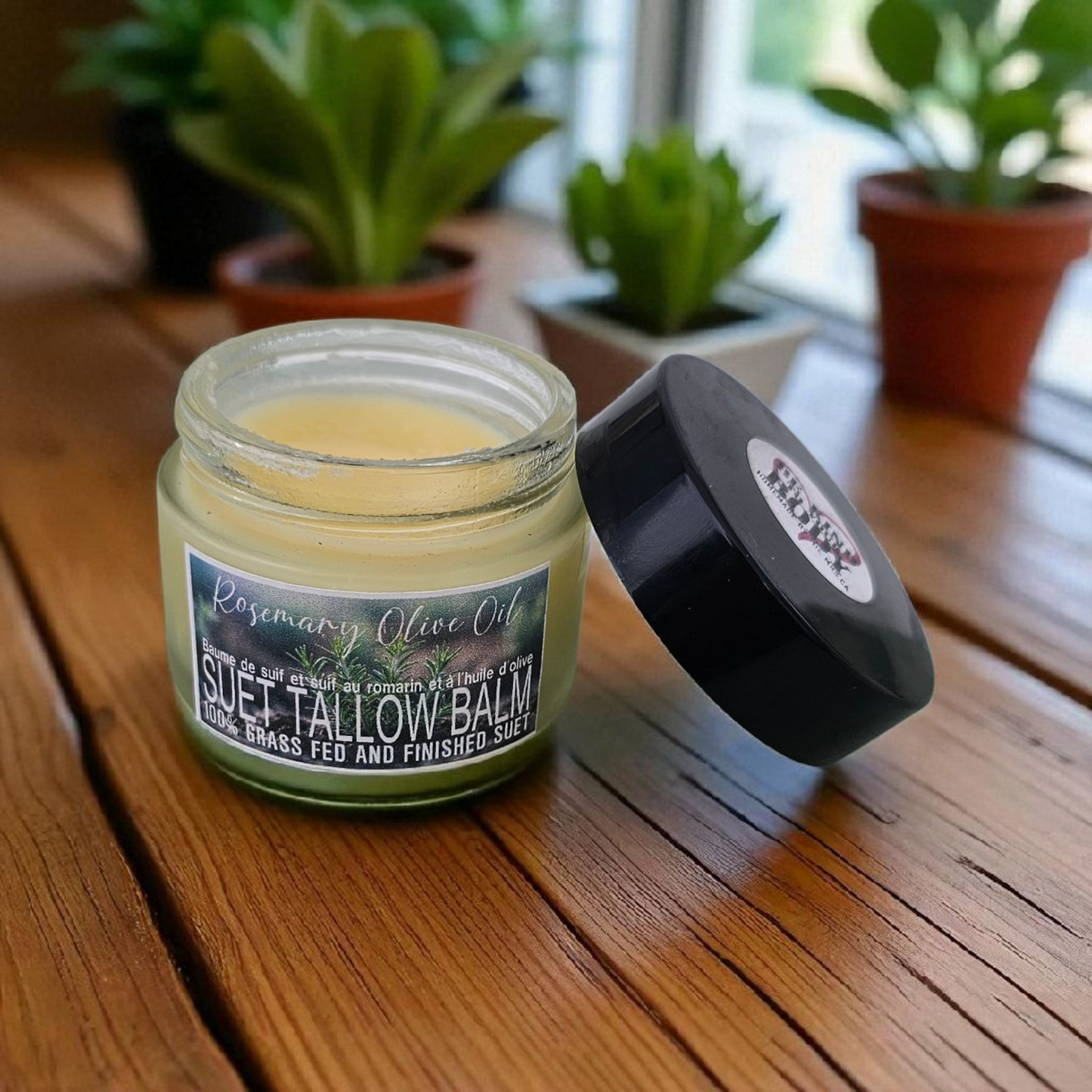 Rosemary Olive Oil Suet Tallow (2oz frosted glass jar)/Suif de Bœuf au Romarin et à l’Huile d’Olive (pot en verre givré de 60 ml)