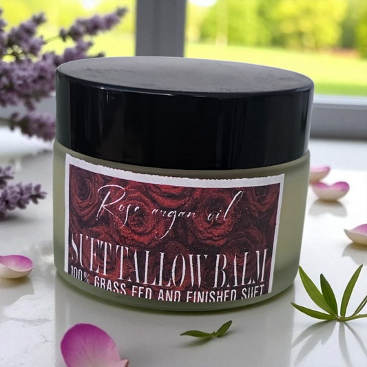 Rose Argan Oil Suet Tallow (2oz frosted glass jar)/Suif de Bœuf à la Rose et à l’Huile d’Argan (pot en verre givré de 60 ml)