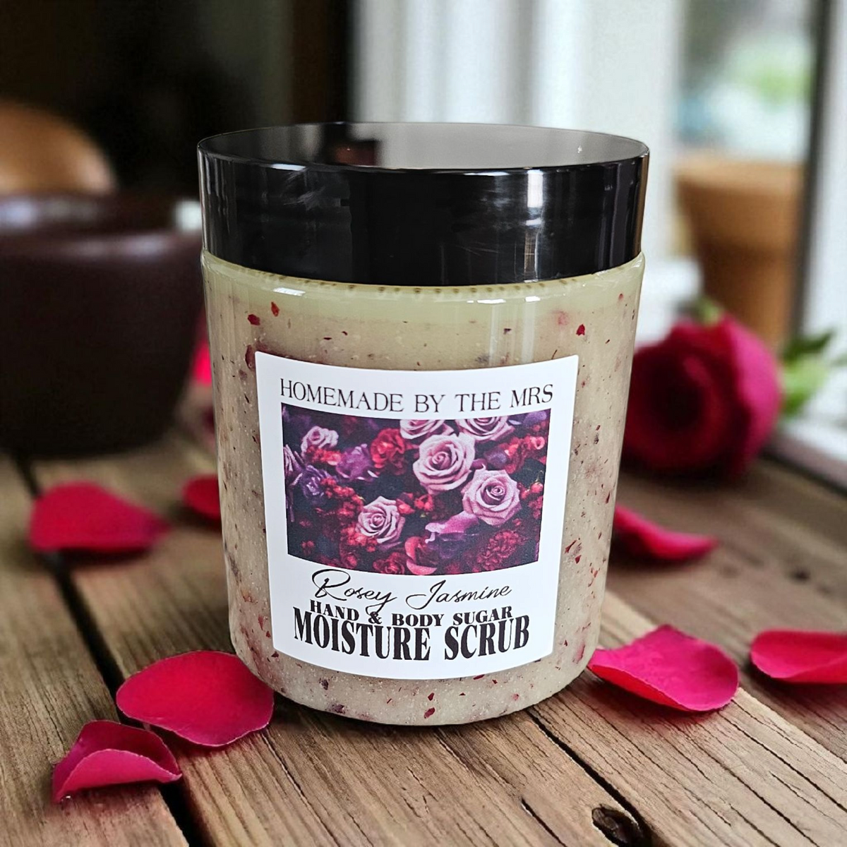 Moisture Sugar Scrub Hand and Body (Rosey Jasmine) 8oz clear jar