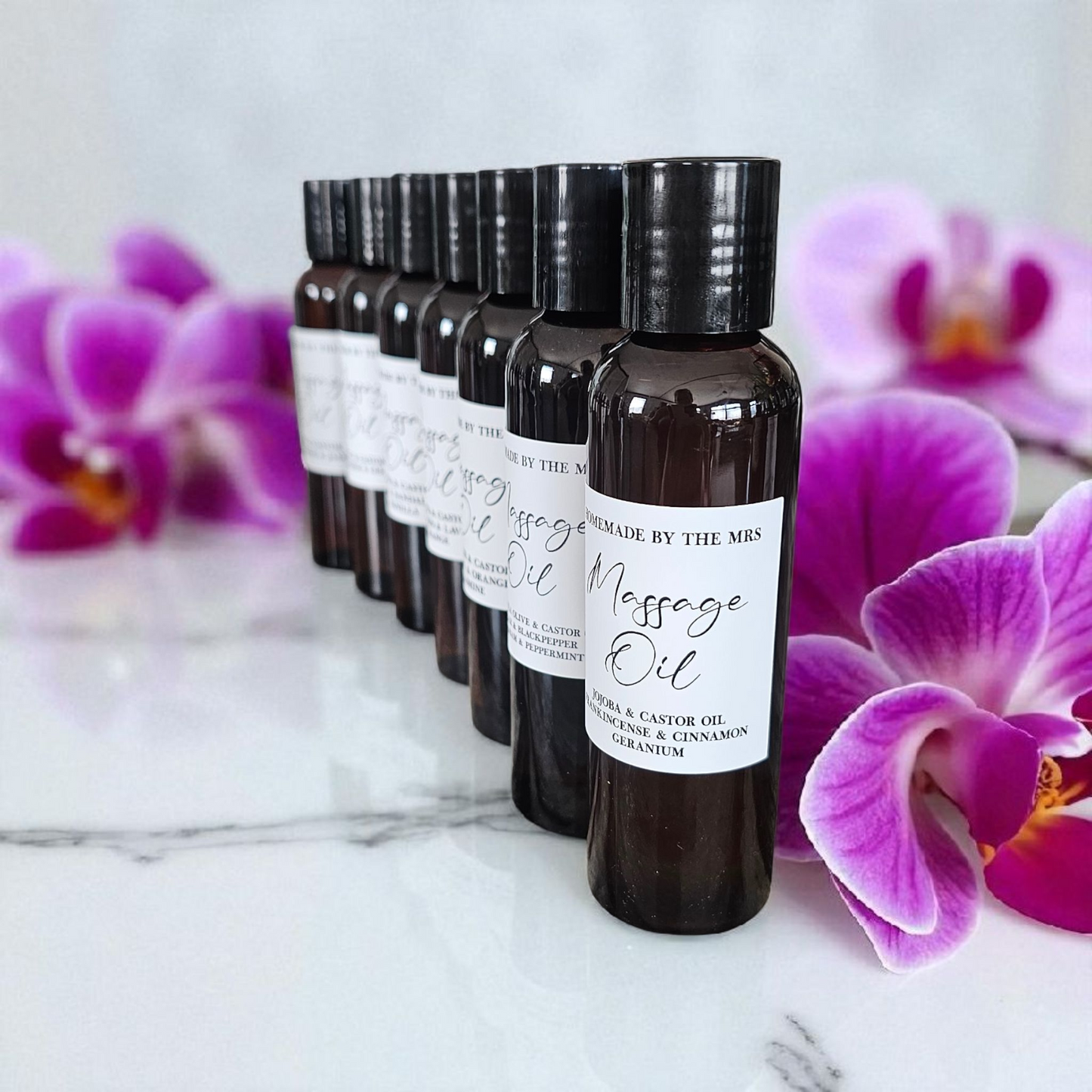 Grapeseed + Castor Oil Sandalwood, Lavender and Orange Massage Oil (4oz Amber Squeeze Bottle)