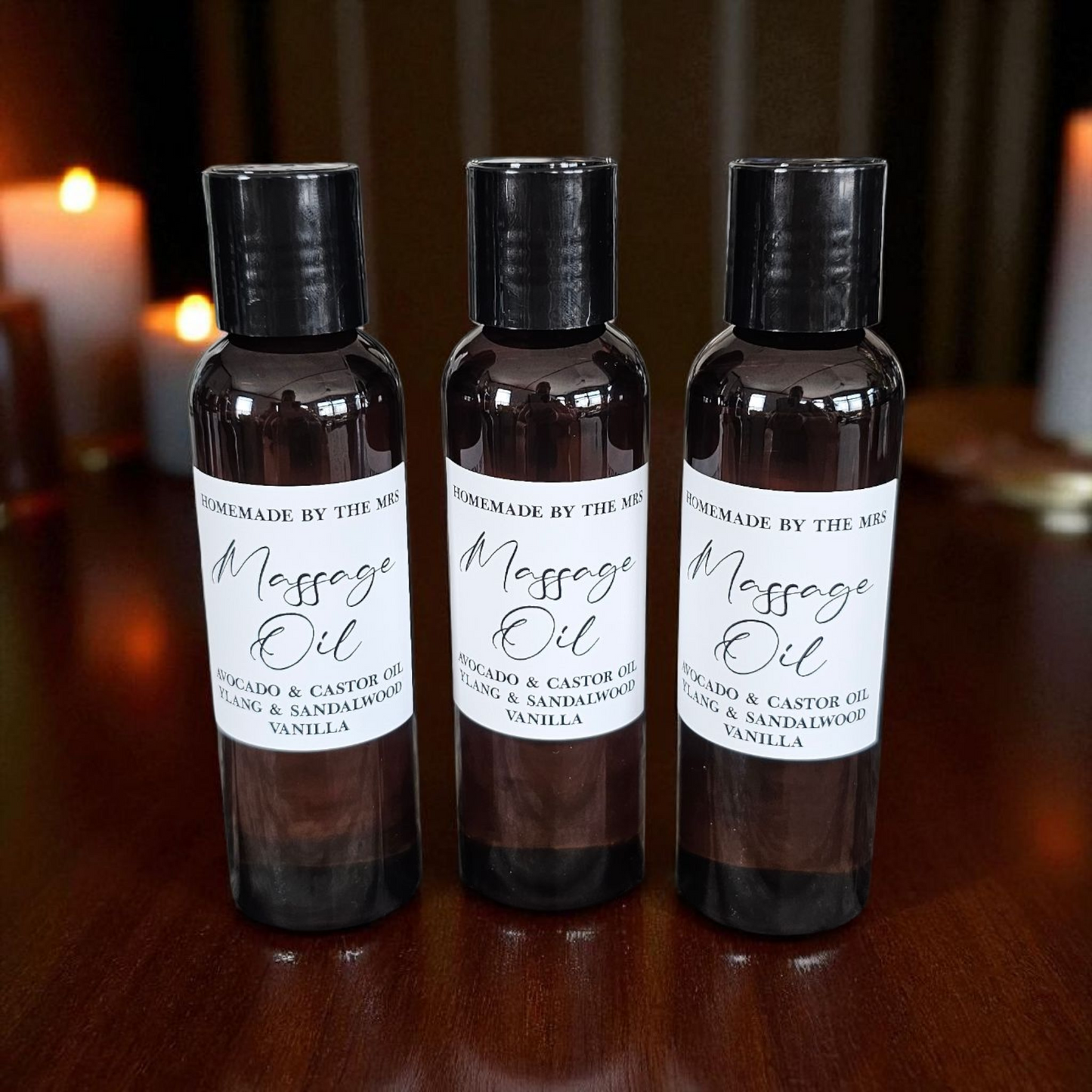 Avocado + Castor Oil Ylang, Sandalwood and Vanilla Massage Oil (4oz Amber Squeeze Bottle)
