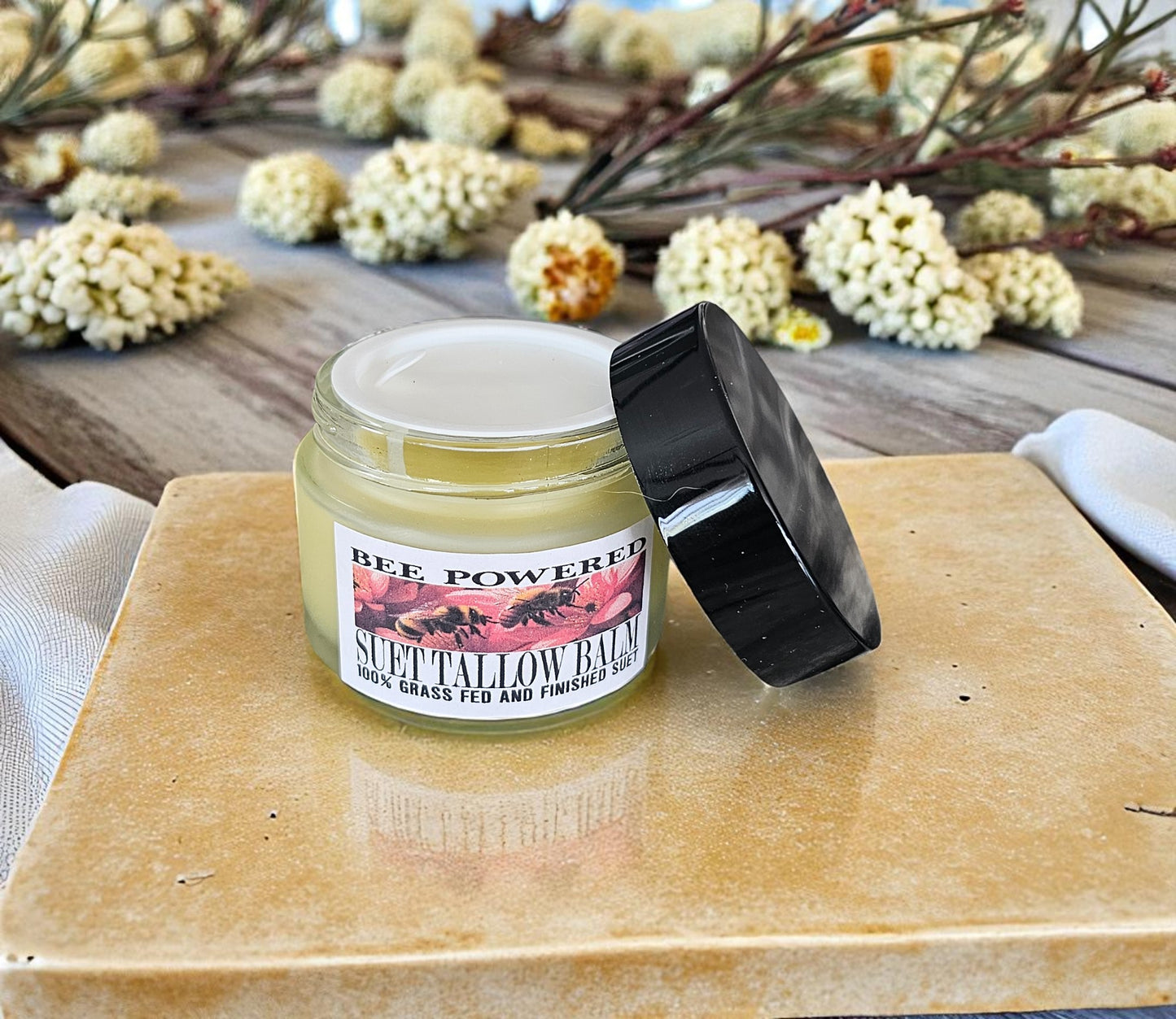 Bee Powdered Suet Tallow Facial Balm (2oz frosted glass jar)