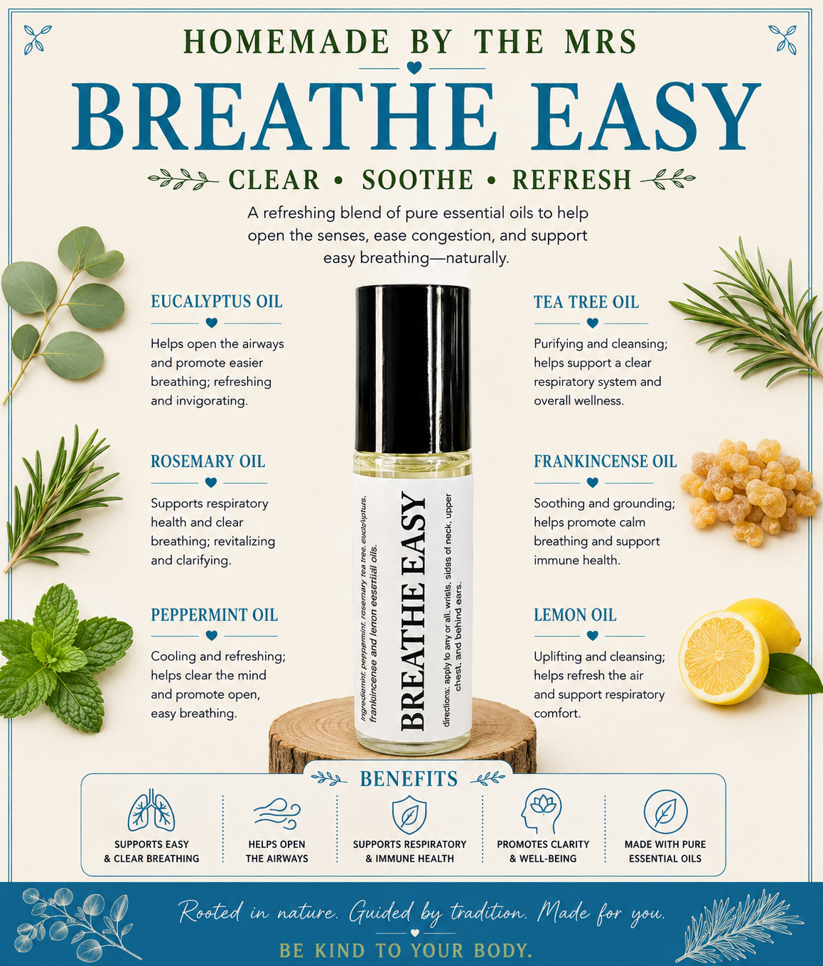 Botanical Wellness Rollers (Breathe Easy) 10ml Amber Roller Applicator