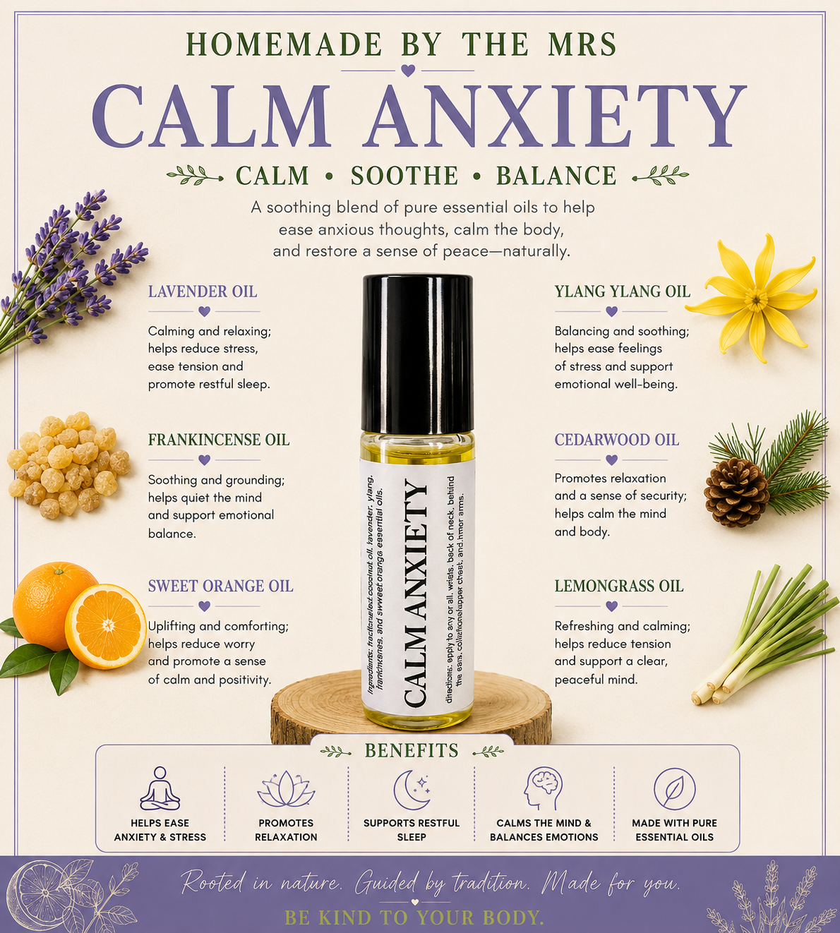 Botanical Wellness Rollers (Calm Anxiety) 10ml Amber Roller Applicator