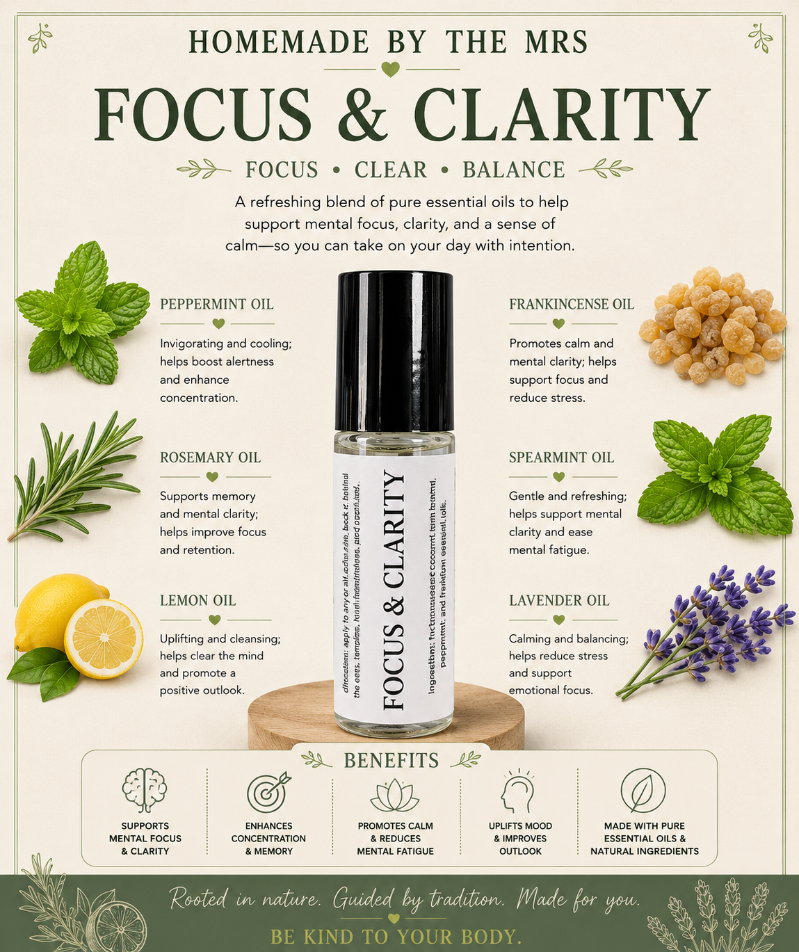 Botanical Wellness Rollers (Focus & Clarity) 10ml Amber Roller Applicator
