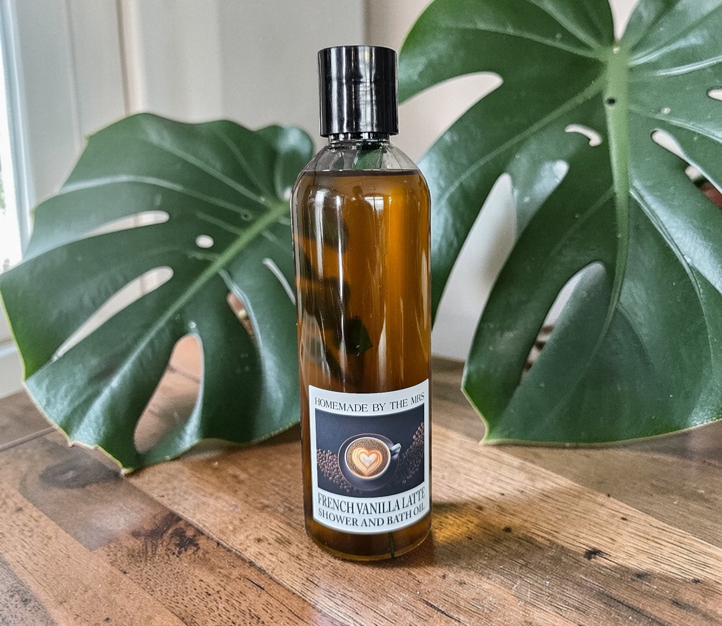 Shower and Bath Oil Moisturizer (French Vanilla Latte) 8oz Clear Squeeze Bottle