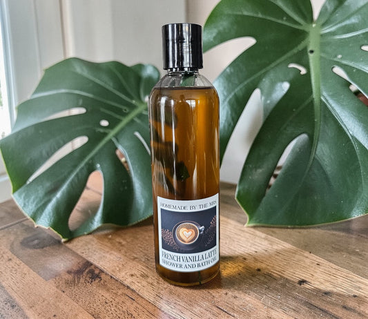 Shower and Bath Oil Moisturizer (French Vanilla Latte) 8oz Clear Squeeze Bottle