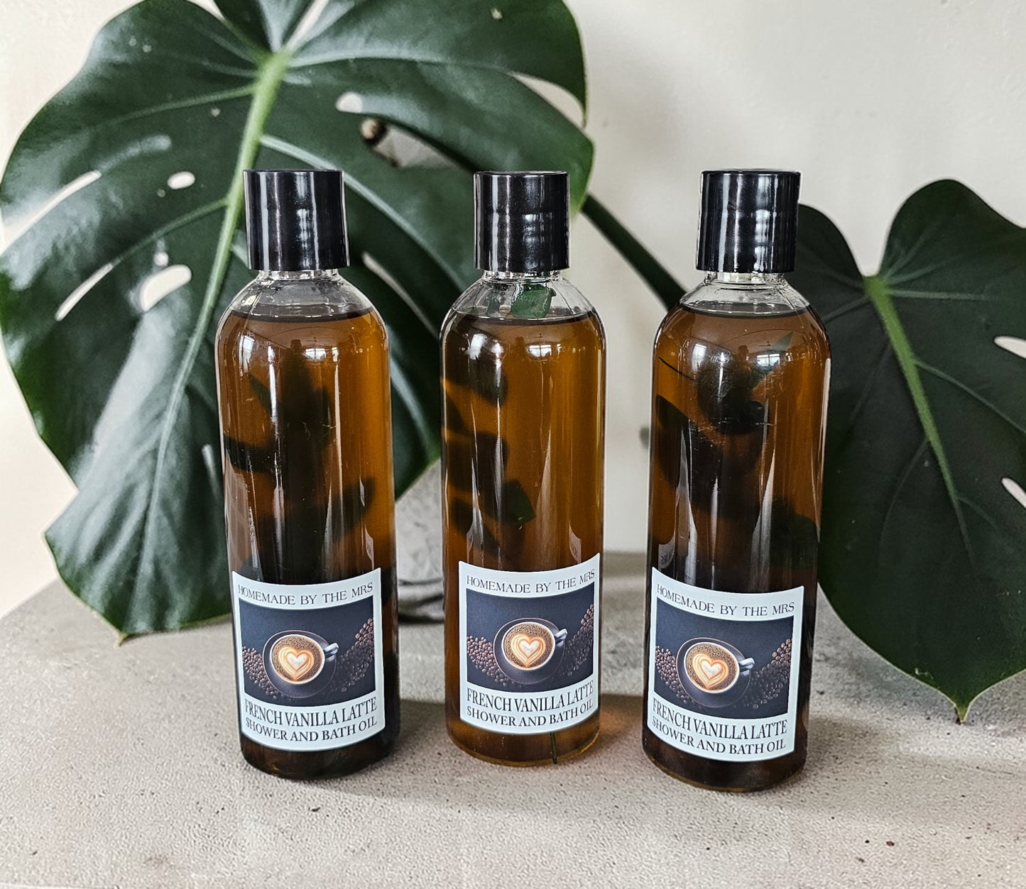 Shower and Bath Oil Moisturizer (French Vanilla Latte) 8oz Clear Squeeze Bottle