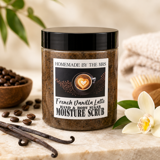 Moisture Sugar Scrub Hand and Body (French Vanilla Latte) 8oz clear jar