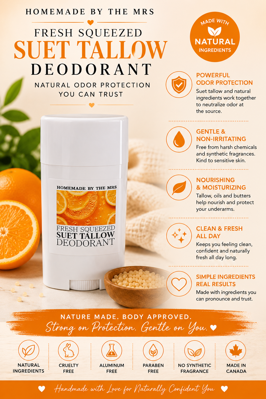 Deodorant Suet Tallow Magnesium (Fresh Squeezed) 2.5oz Plastic Applicator