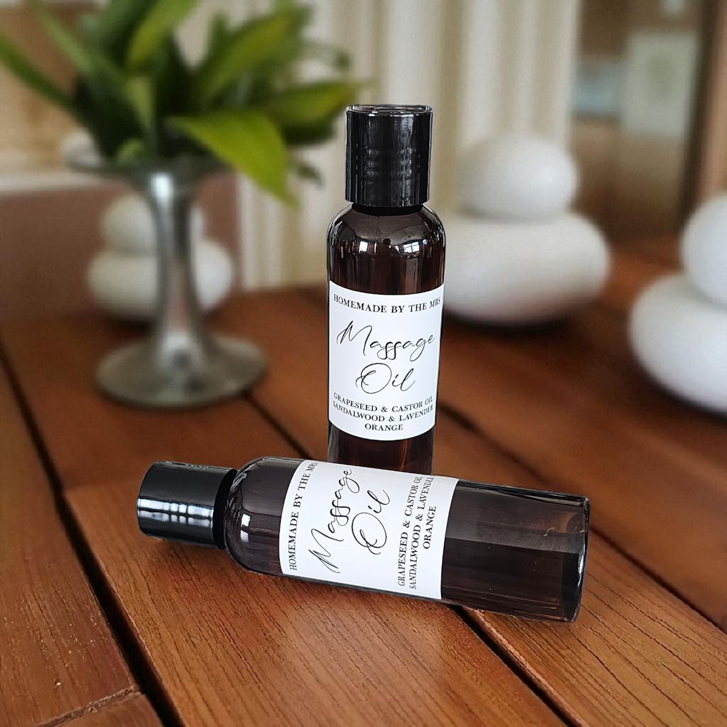 Grapeseed + Castor Oil Sandalwood, Lavender and Orange Massage Oil (4oz Amber Squeeze Bottle)