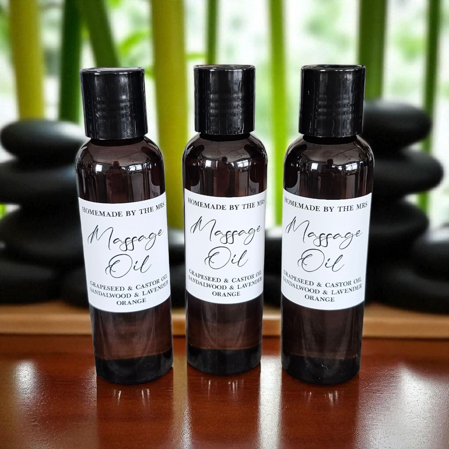 Grapeseed + Castor Oil Sandalwood, Lavender and Orange Massage Oil (4oz Amber Squeeze Bottle)