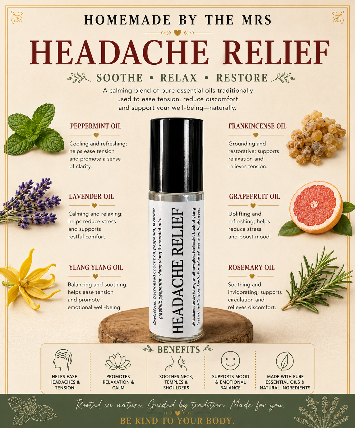 Botanical Wellness Rollers (Headache Relief) 10ml Amber Roller Applicator