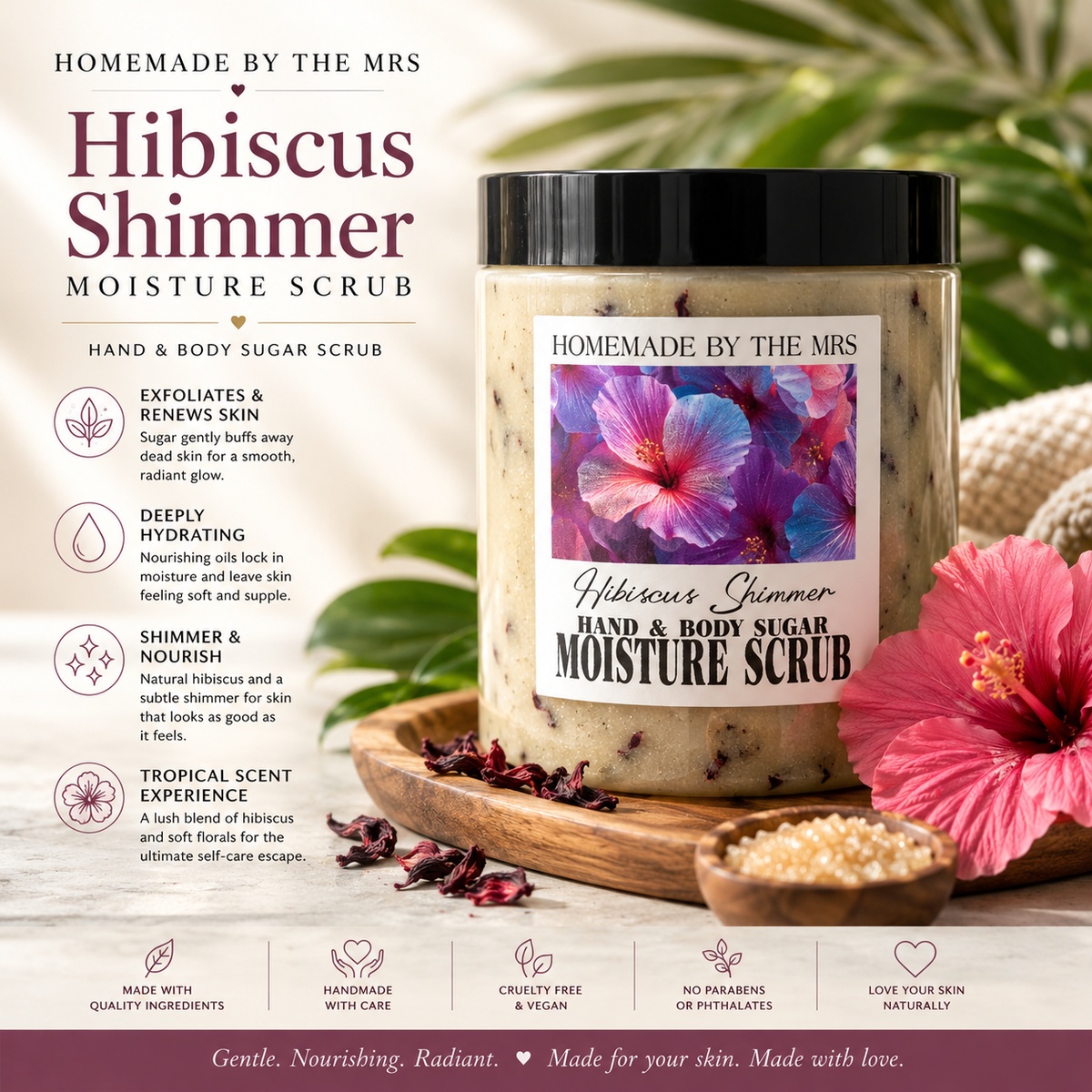 Moisture Sugar Scrub Hand and Body (Hibiscus Shimmer) 8oz clear jar