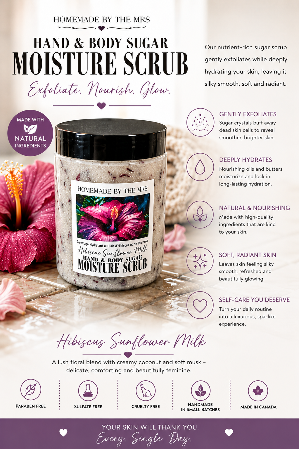 Moisture Sugar Scrub Hand and Body (Hibiscus Sunflower Milk) 8oz Clear Jar