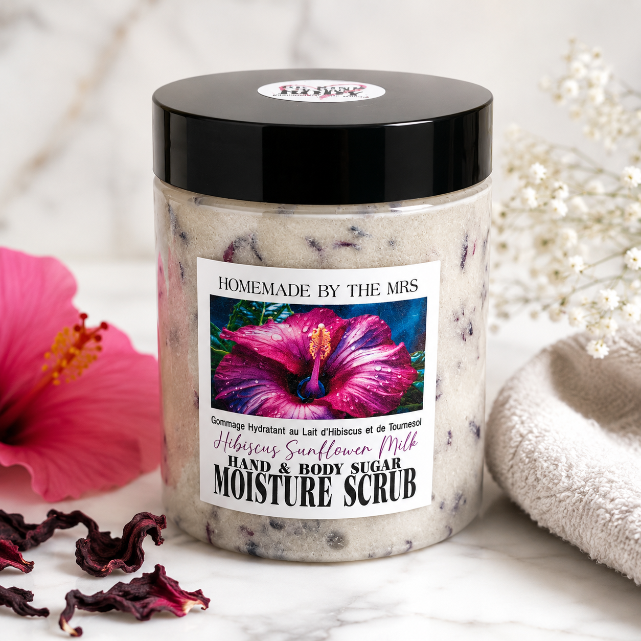 Moisture Sugar Scrub Hand and Body (Hibiscus Sunflower Milk) 8oz Clear Jar