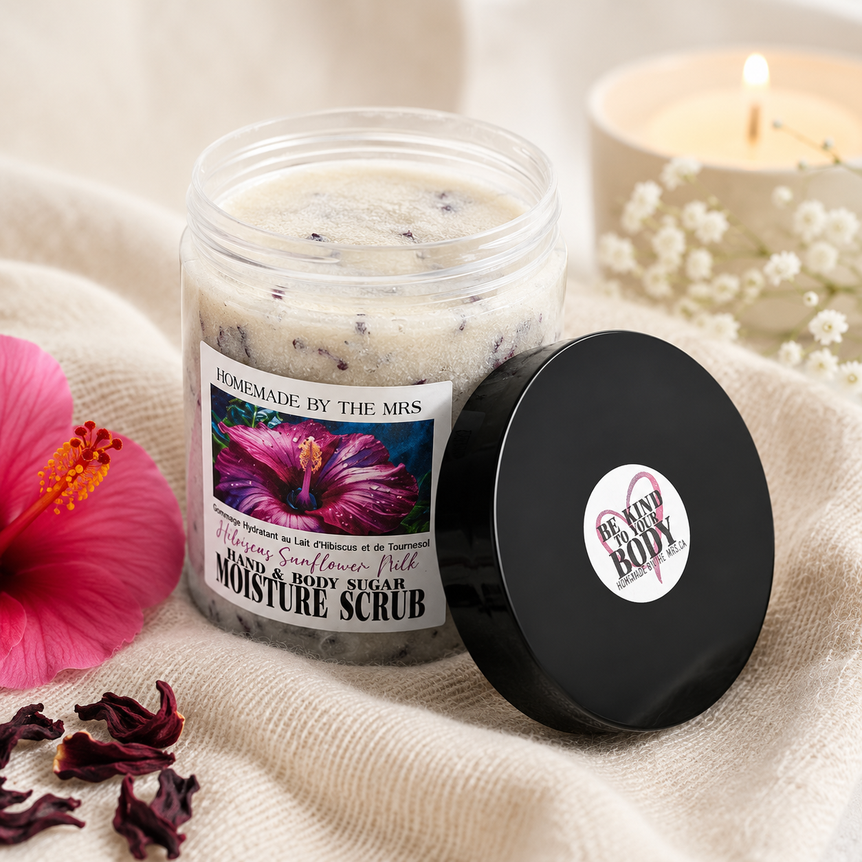 Moisture Sugar Scrub Hand and Body (Hibiscus Sunflower Milk) 8oz Clear Jar