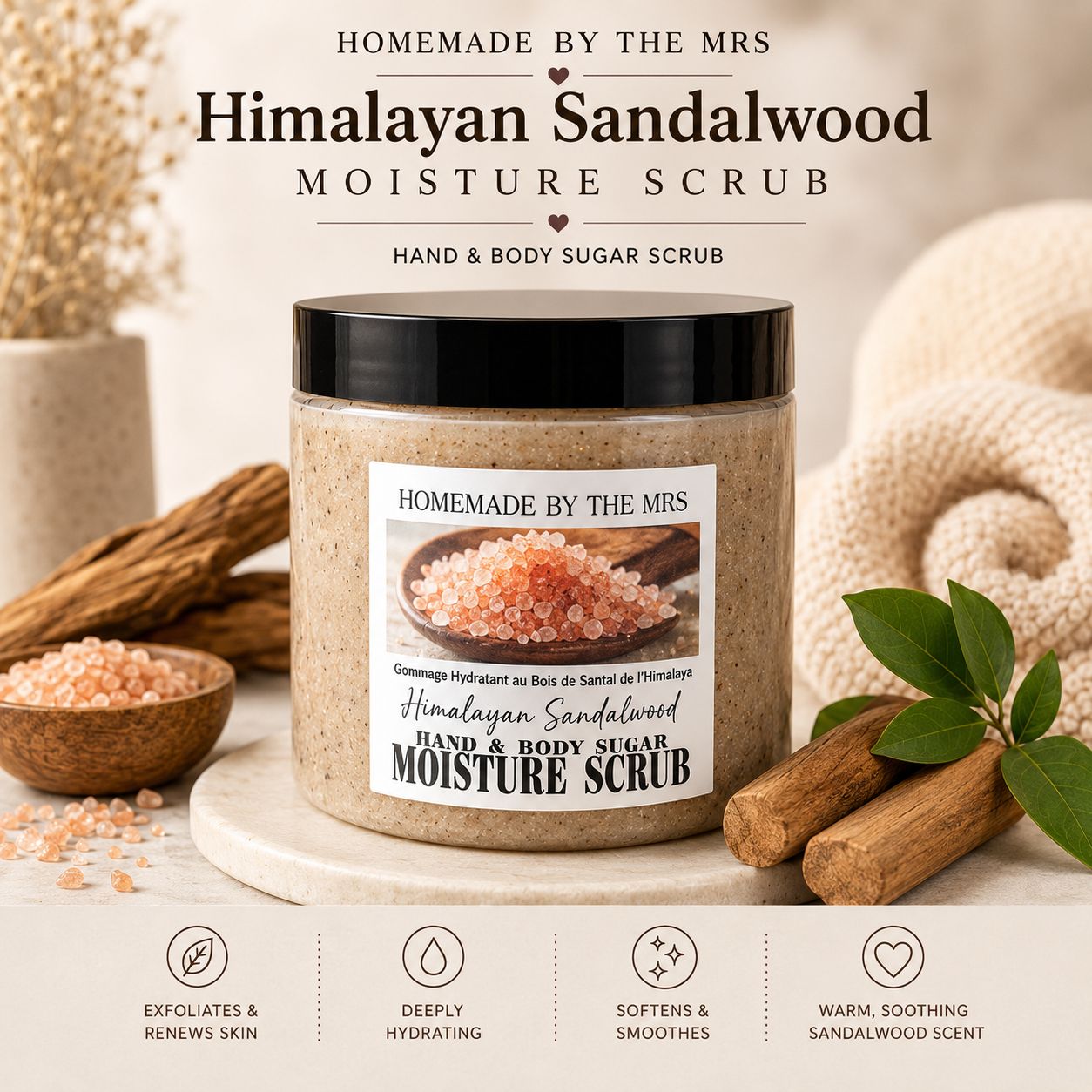 Moisture Sugar Scrub Hand and Body (Himalayan Sandalwood) 8oz Clear Jar