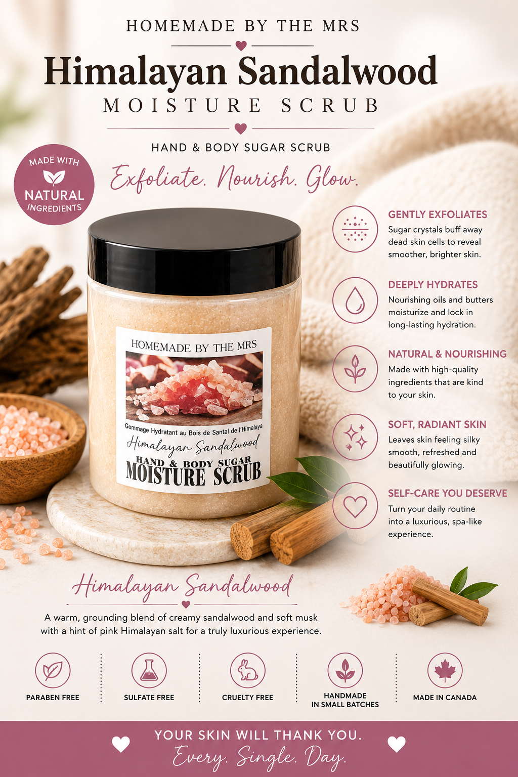 Moisture Sugar Scrub Hand and Body (Himalayan Sandalwood) 8oz Clear Jar
