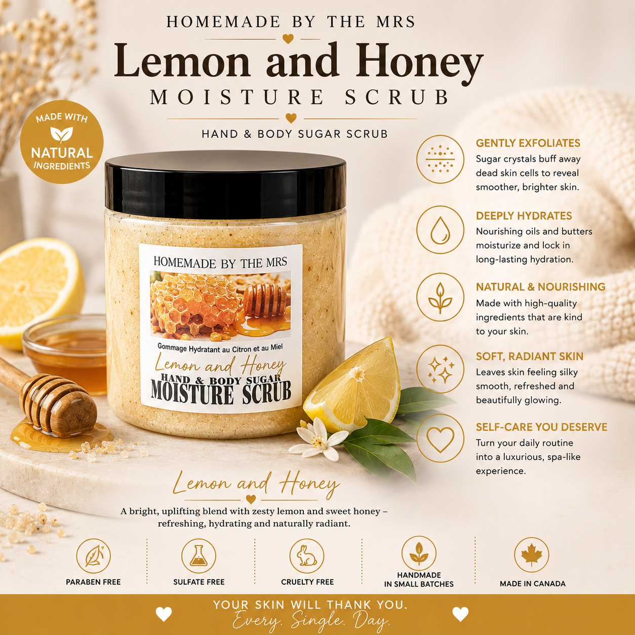 Moisture Sugar Scrub Hand and Body (Lemon and Honey) 8oz Clear Jar