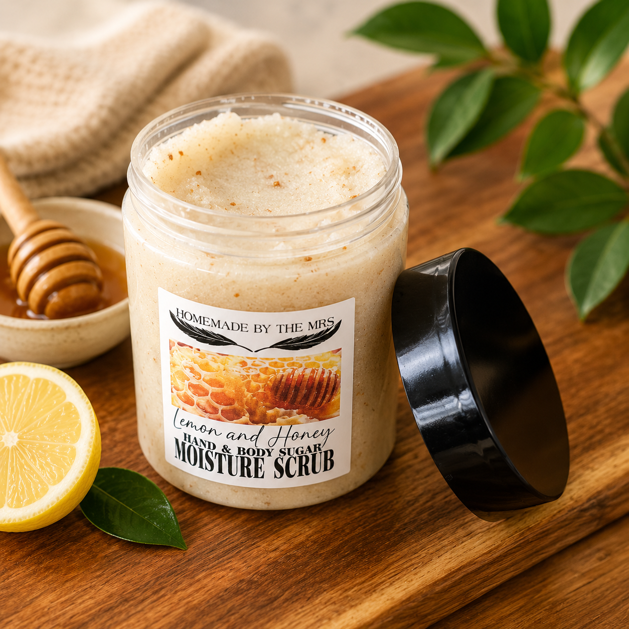 Moisture Sugar Scrub Hand and Body (Lemon and Honey) 8oz Clear Jar