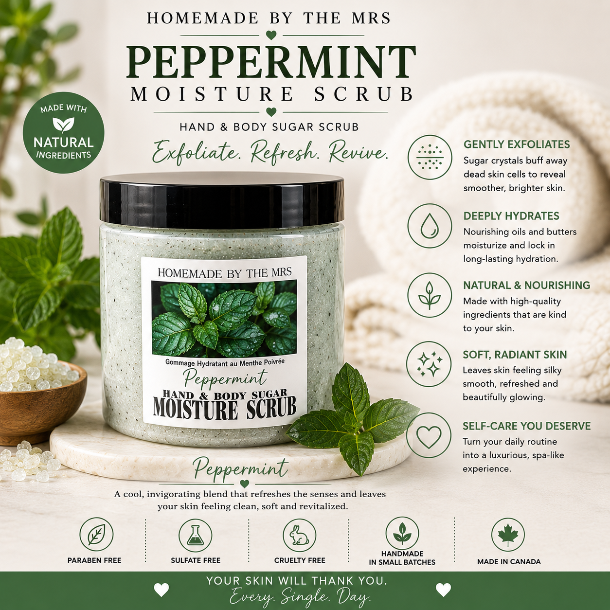 Moisture Sugar Scrub Hand and Body (Peppermint) 8oz clear jar