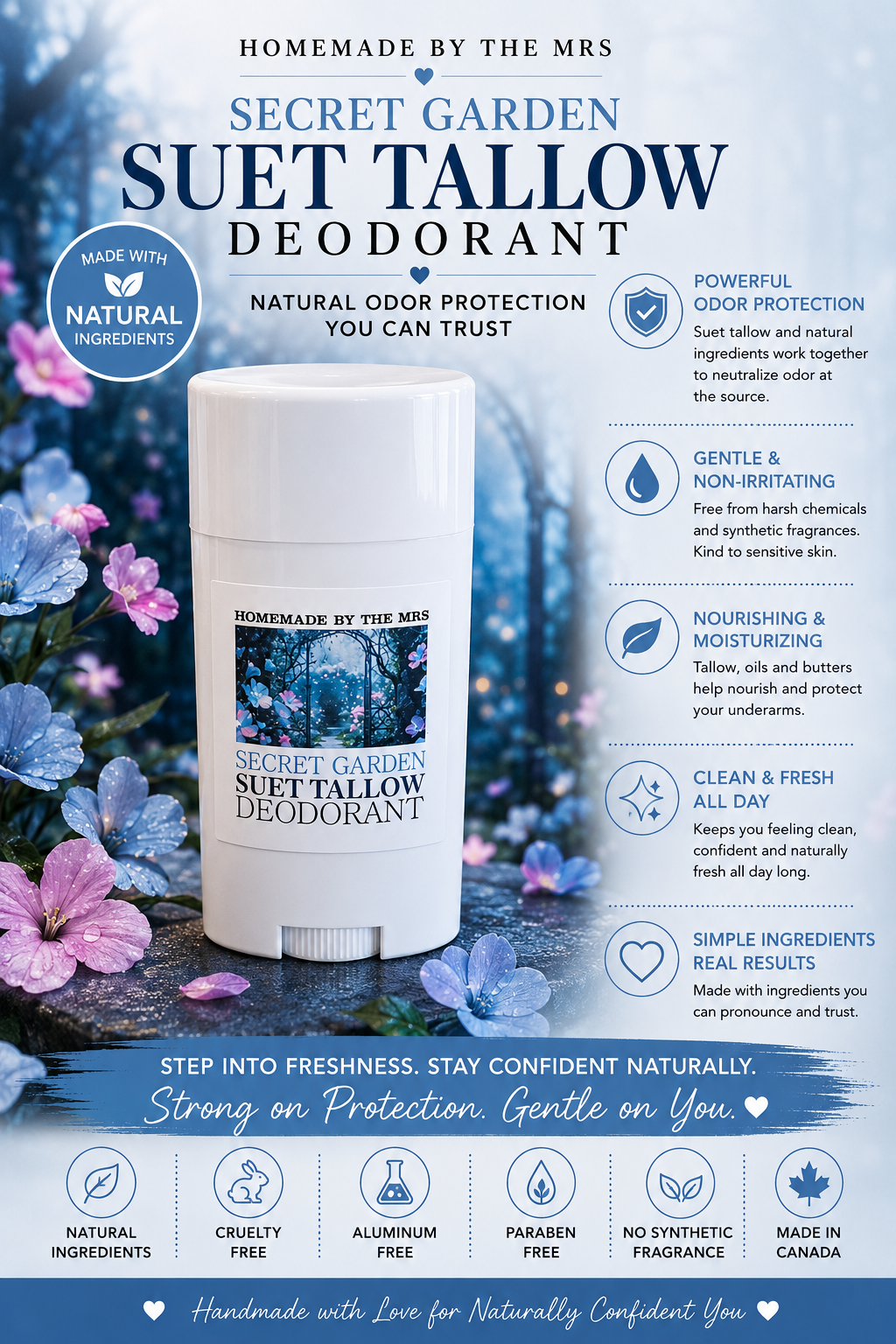 Deodorant Suet Tallow Magnesium (Secret Garden) 2.5oz Plastic Applicator
