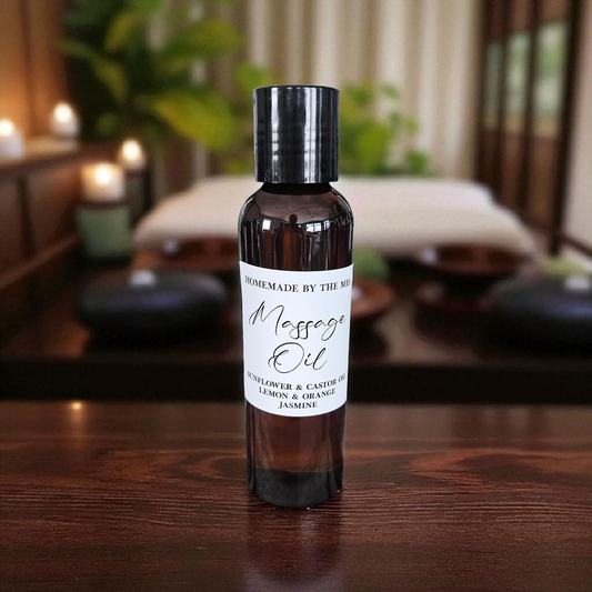 Sunflower + Castor Oil Lemon, Orange and Jasmine Massage Oil (4oz Amber Squeeze Bottle)