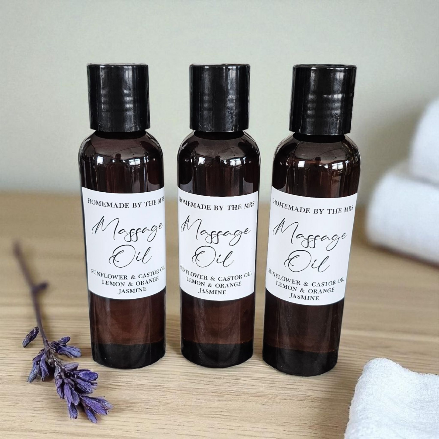 Sunflower + Castor Oil Lemon, Orange and Jasmine Massage Oil (4oz Amber Squeeze Bottle)