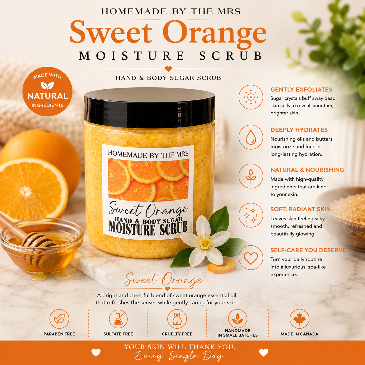 Moisture Sugar Scrub Hand and Body (Sweet Orange) 8oz Clear Jar