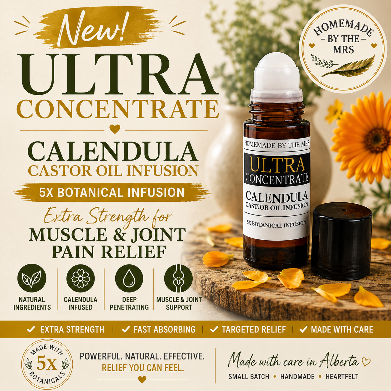 Herbal Castor Oil Infusion (Ultra Concentrate Calendula Flower) 50ml Amber Roller Applicator Bottle