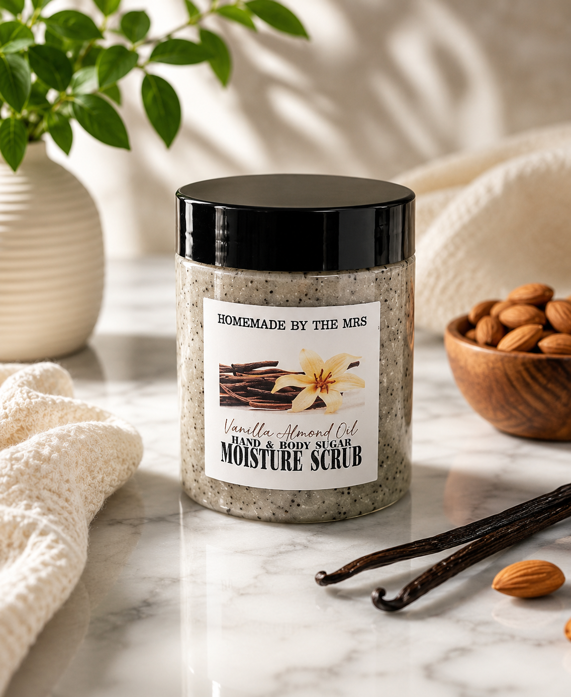 Moisture Sugar Scrub Hand and Body (Vanilla Macadamia) 8oz Clear Jar