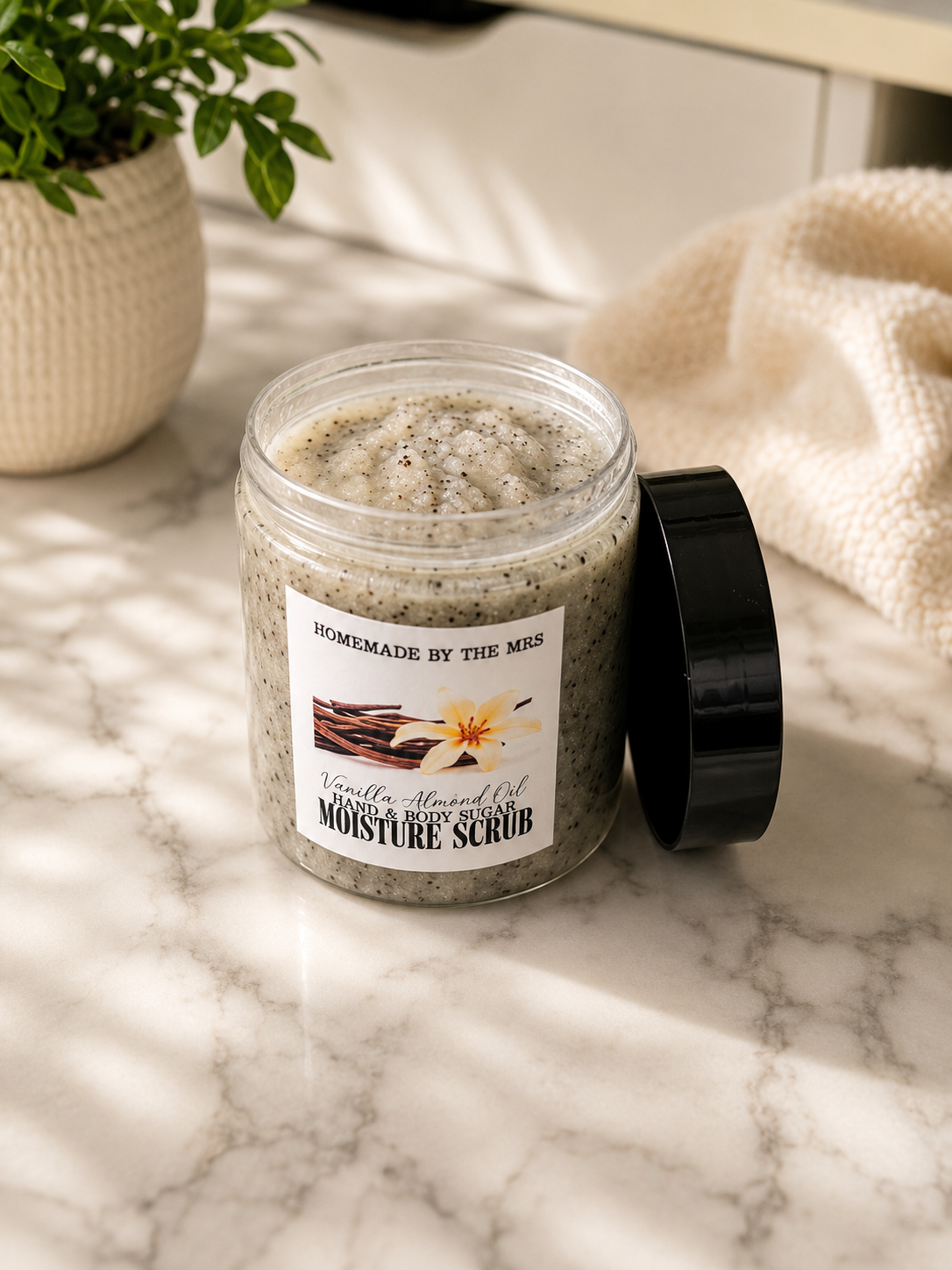 Moisture Sugar Scrub Hand and Body (Vanilla Macadamia) 8oz Clear Jar