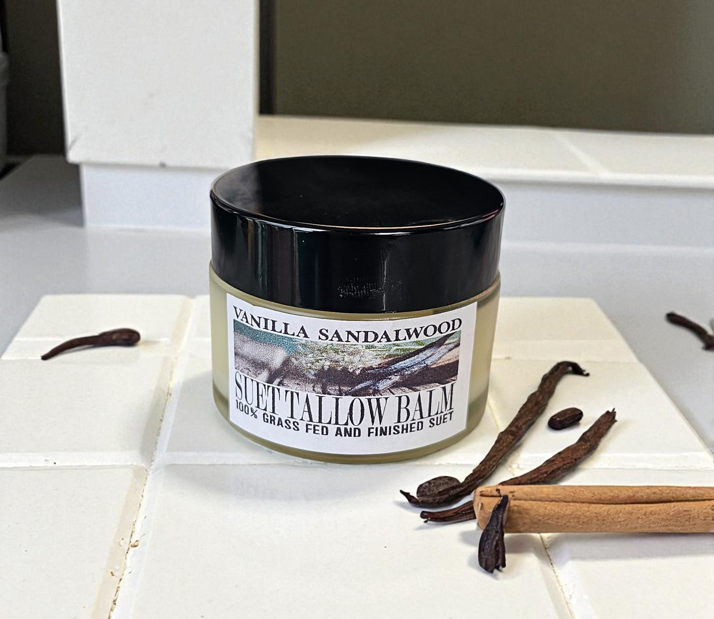 Vanilla Sandalwood Suet Tallow Facial Balm (2oz frosted glass jar)