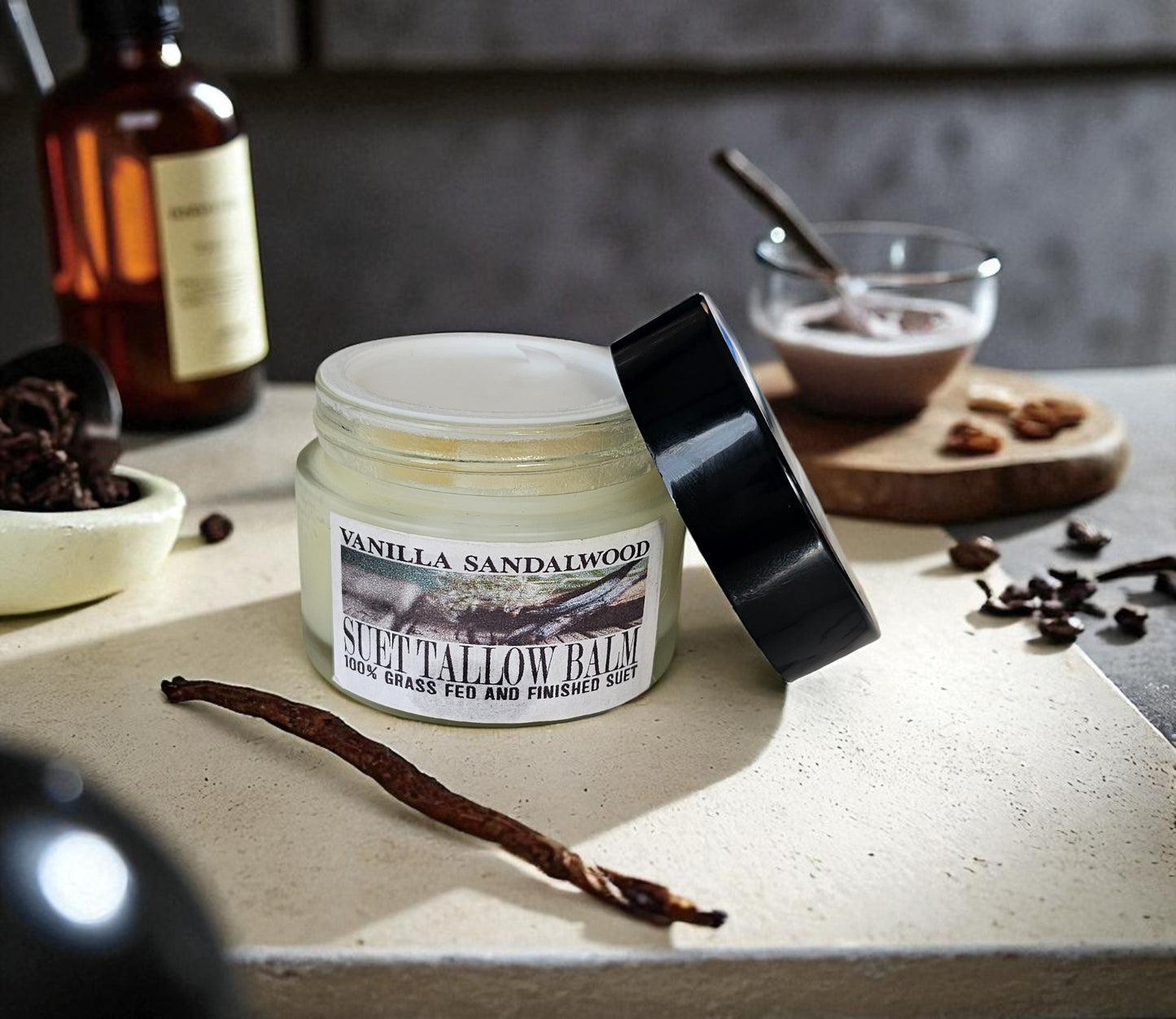 Vanilla Sandalwood Suet Tallow Facial Balm (2oz frosted glass jar)