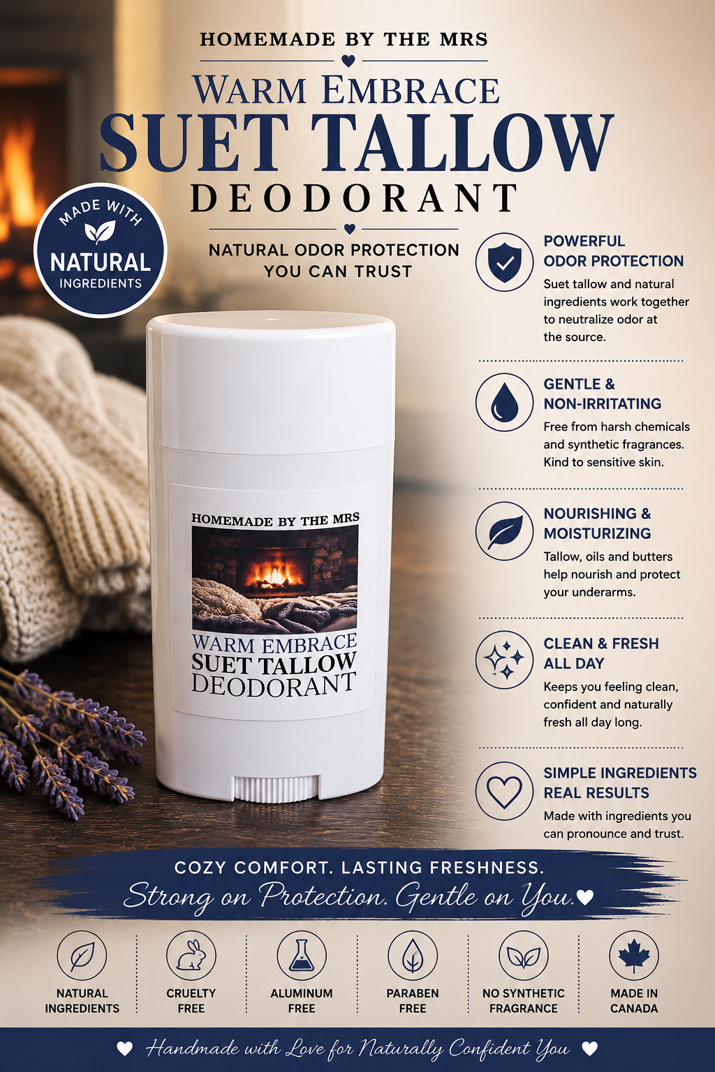 Deodorant Suet Tallow Magnesium (Warm Embrace) 2.5oz Plastic Applicator